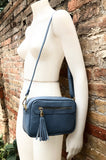 Small leather bag in BLUE. Cross body bag, shoulder bag in GENUINE leather. BLUE bag with adjustable strap and zippers. Gold accents.