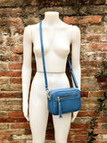 Small leather bag in BLUE. Cross body bag, shoulder bag in GENUINE leather. BLUE bag with adjustable strap and zippers. Gold accents.