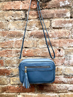 Small leather bag in BLUE. Cross body bag, shoulder bag in GENUINE leather. BLUE bag with adjustable strap and zippers. Gold accents.