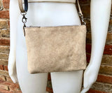 Suede leather bag in LIGHT BEIGE. Cross body bag, shoulder bag in GENUINE leather. Small leather bag with adjustable strap and zipper.