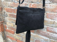 Cross body bag. BOHO leather bag in Black . Soft genuine suede leather. Crossover, messenger bag in suede.With zipper and flap