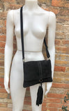 Cross body bag. BOHO leather bag in Black . Soft genuine suede leather. Crossover, messenger bag in suede.With zipper and flap