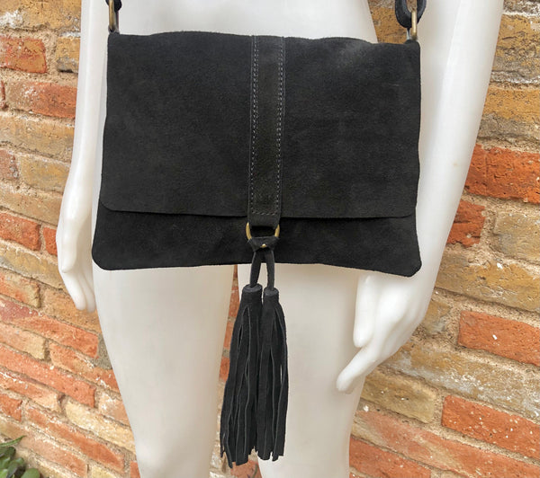 Cross body bag. BOHO leather bag in Black . Soft genuine suede leather. Crossover, messenger bag in suede.With zipper and flap