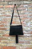 Cross body bag. BOHO leather bag in Black . Soft genuine suede leather. Crossover, messenger bag in suede.With zipper and flap