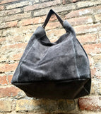 Dark gray slouch leather bag. Grey suede hobo bag. Soft leather shopper bag. Book or tablet bag in genuine natural suede with ZIPPER.