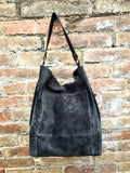 Dark gray slouch leather bag. Grey suede hobo bag. Soft leather shopper bag. Book or tablet bag in genuine natural suede with ZIPPER.