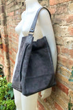 Dark gray slouch leather bag. Grey suede hobo bag. Soft leather shopper bag. Book or tablet bag in genuine natural suede with ZIPPER.