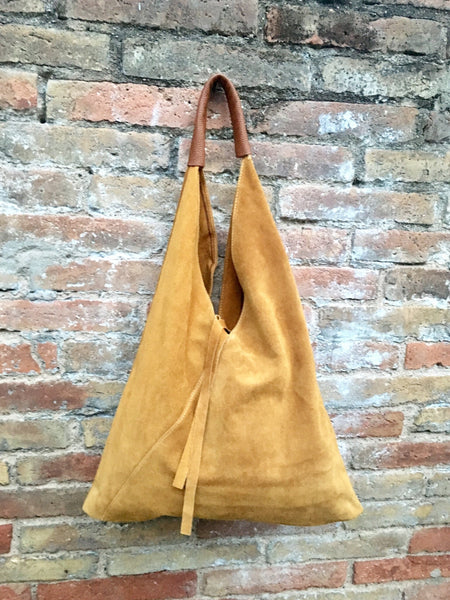 Slouch leather bag in MUSTARD yellow. Large shoulder leather bag. Boho bag. Laptop bags in suede. Large origami bag. Yellow leather shopper