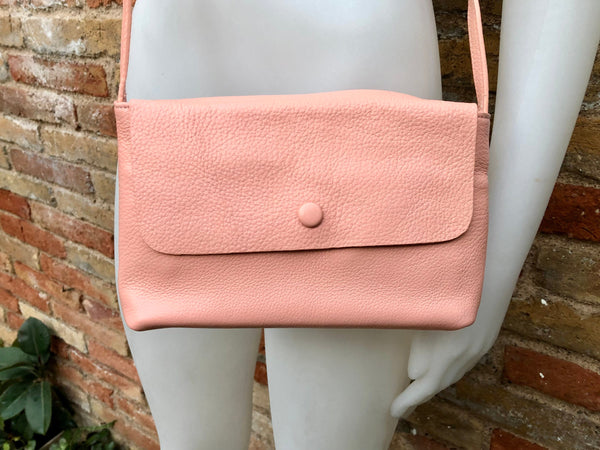 Small leather bag in pink. Cross body or shoulder bag in GENUINE leather. Pink leather bag with adjustable strap, zipper and flap.