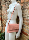 Small leather bag in pink. Cross body or shoulder bag in GENUINE leather. Pink leather bag with adjustable strap, zipper and flap.