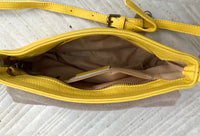 Small leather bag in yellow. Cross body or shoulder bag in GENUINE leather. Yellow leather bag with adjustable strap, zipper and flap.