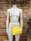 Small leather bag in yellow. Cross body or shoulder bag in GENUINE leather. Yellow leather bag with adjustable strap, zipper and flap.