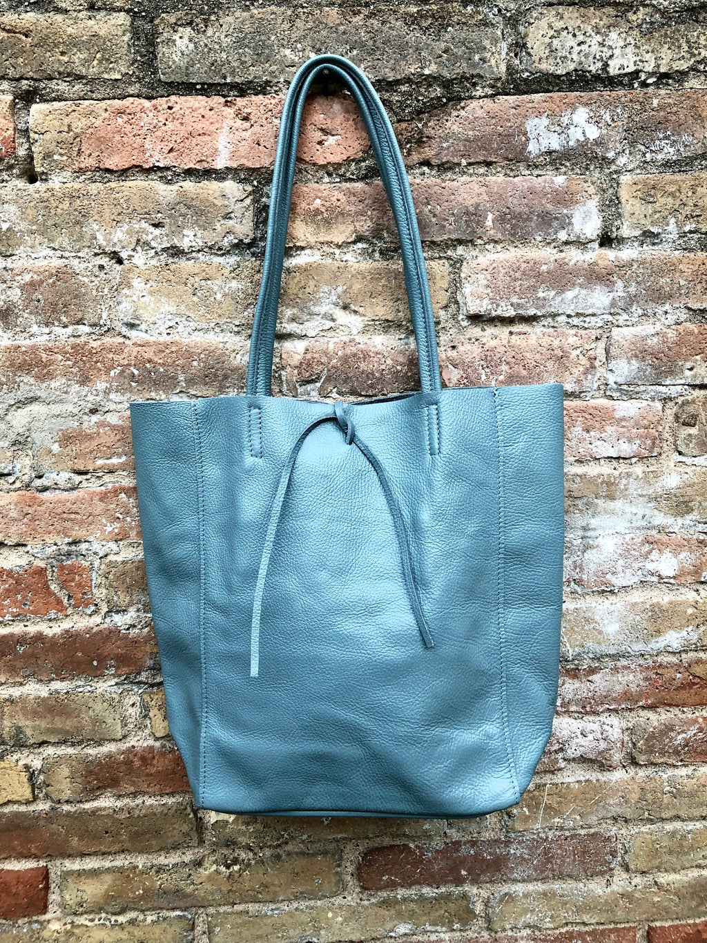 Blue - gray tote leather bag with ZIPPER. Genuine leather shopper bag. Large carry all bag for your laptop, books. Soft BLUE leather purse