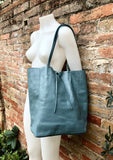 Tote leather bag in blue - gray. Leather shopper in natural GENUINE leather. Large carry all bag for your laptop, books.BLUE leather shopper