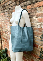 Tote leather bag in blue - gray. Leather shopper in natural GENUINE leather. Large carry all bag for your laptop, books.BLUE leather shopper