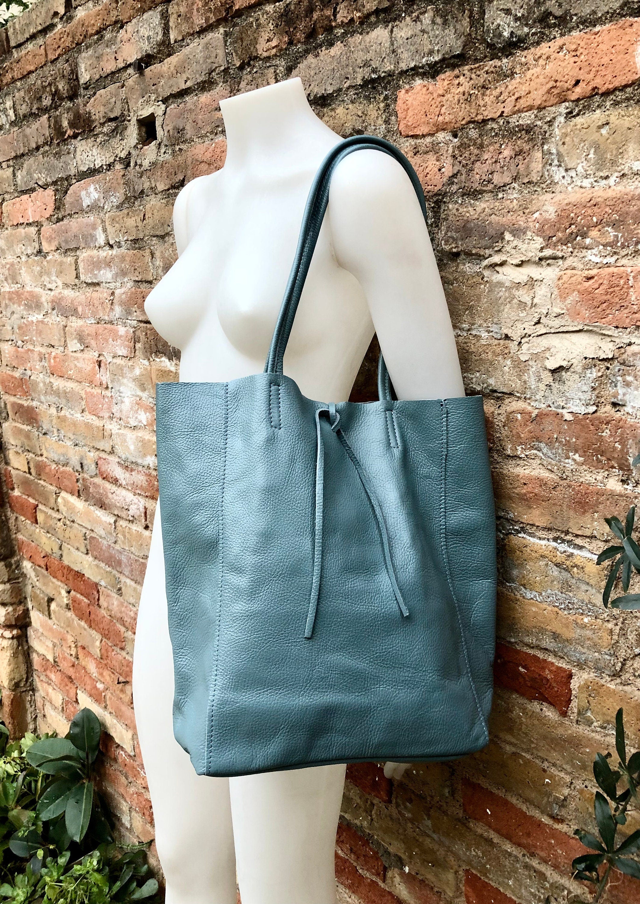 Blue - gray tote leather bag with ZIPPER. Genuine leather shopper bag. Large carry all bag for your laptop, books. Soft BLUE leather purse
