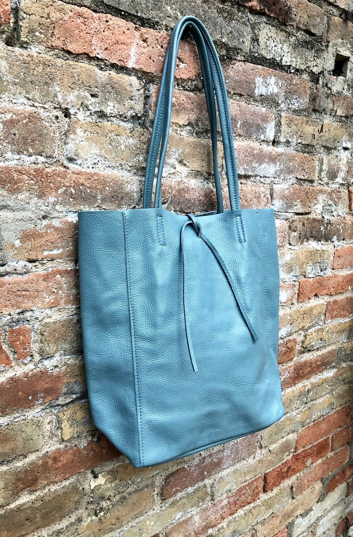 Blue - gray tote leather bag with ZIPPER. Genuine leather shopper bag. Large carry all bag for your laptop, books. Soft BLUE leather purse