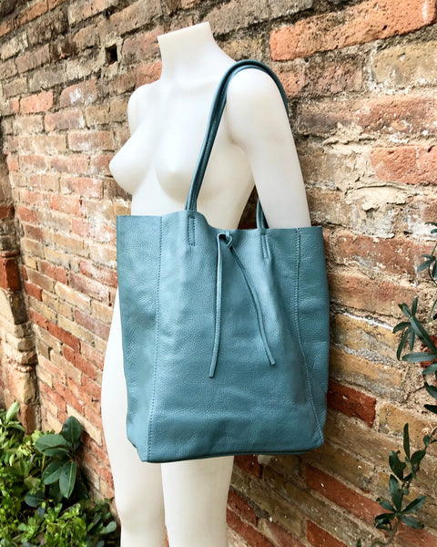 Blue - gray tote leather bag with ZIPPER. Genuine leather shopper bag. Large carry all bag for your laptop, books. Soft BLUE leather purse