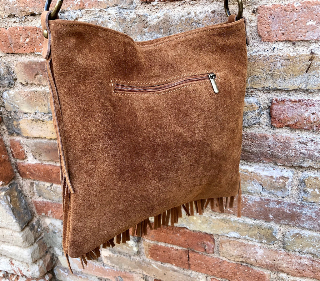 Cross body bag. BOHO suede leather bag in CAMEL brown with FRINGES. Larger model. Messenger bag in genuine suede. Crossbody hippy bag