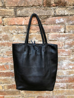 BLACK leather bag with zipper. Genuine leather shopper bag. Large BLACK shoulder bag for your laptop, books