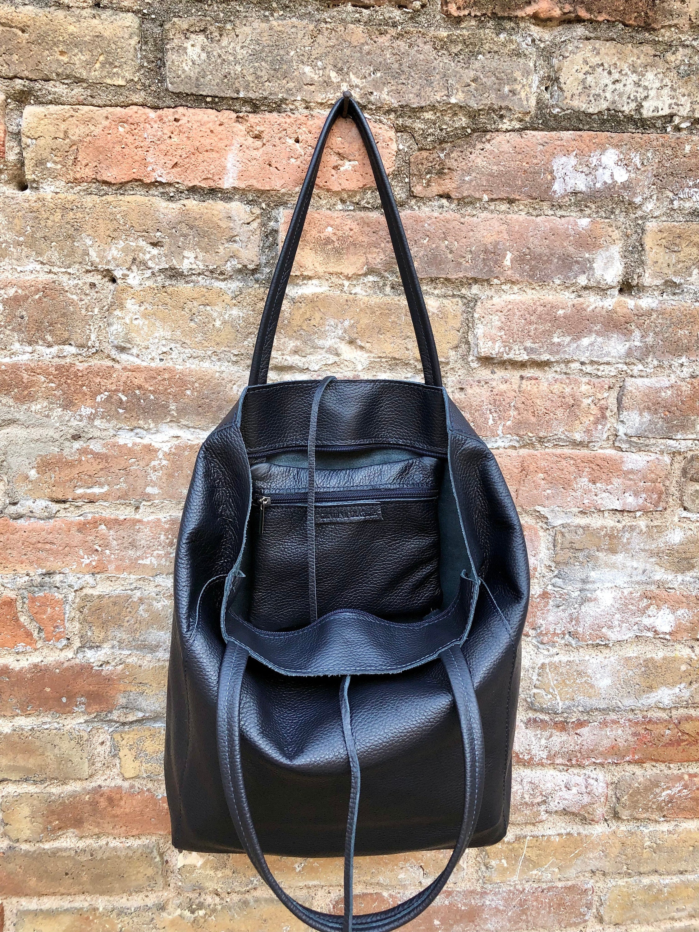 NAVY blue leather bag with zipper. Genuine leather shopper bag. Large DARK BLUE shoulder bag for your laptop, books. Soft leather shopper