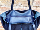 NAVY blue leather bag with zipper. Genuine leather shopper bag. Large DARK BLUE shoulder bag for your laptop, books. Soft leather shopper