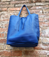 COBALT blue leather bag with zipper. Genuine leather shopper bag. Large BLUE shoulder bag for your laptop, books. Soft leather shopper