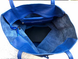 COBALT blue leather bag with zipper. Genuine leather shopper bag. Large BLUE shoulder bag for your laptop, books. Soft leather shopper