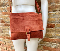 Cross body suede bag. GENUINE leather bag in BURNT orange. BOHO terracotta color bag. Messenger bag in suede for books, tablets...