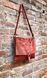 Cross body suede bag. GENUINE leather bag in BURNT orange. BOHO terracotta color bag. Messenger bag in suede for books, tablets...