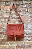 Cross body suede bag. GENUINE leather bag in BURNT orange. BOHO terracotta color bag. Messenger bag in suede for books, tablets...