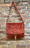 Cross body suede bag. GENUINE leather bag in BURNT orange. BOHO terracotta color bag. Messenger bag in suede for books, tablets...