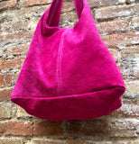 Large TOTE leather bag in hot pink. Magenta slouch bag in soft suede, genuine leather bag.Fuchsia pink leather shopper, Pink suede bag