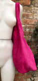 Large TOTE leather bag in hot pink. Magenta slouch bag in soft suede, genuine leather bag.Fuchsia pink leather shopper, Pink suede bag