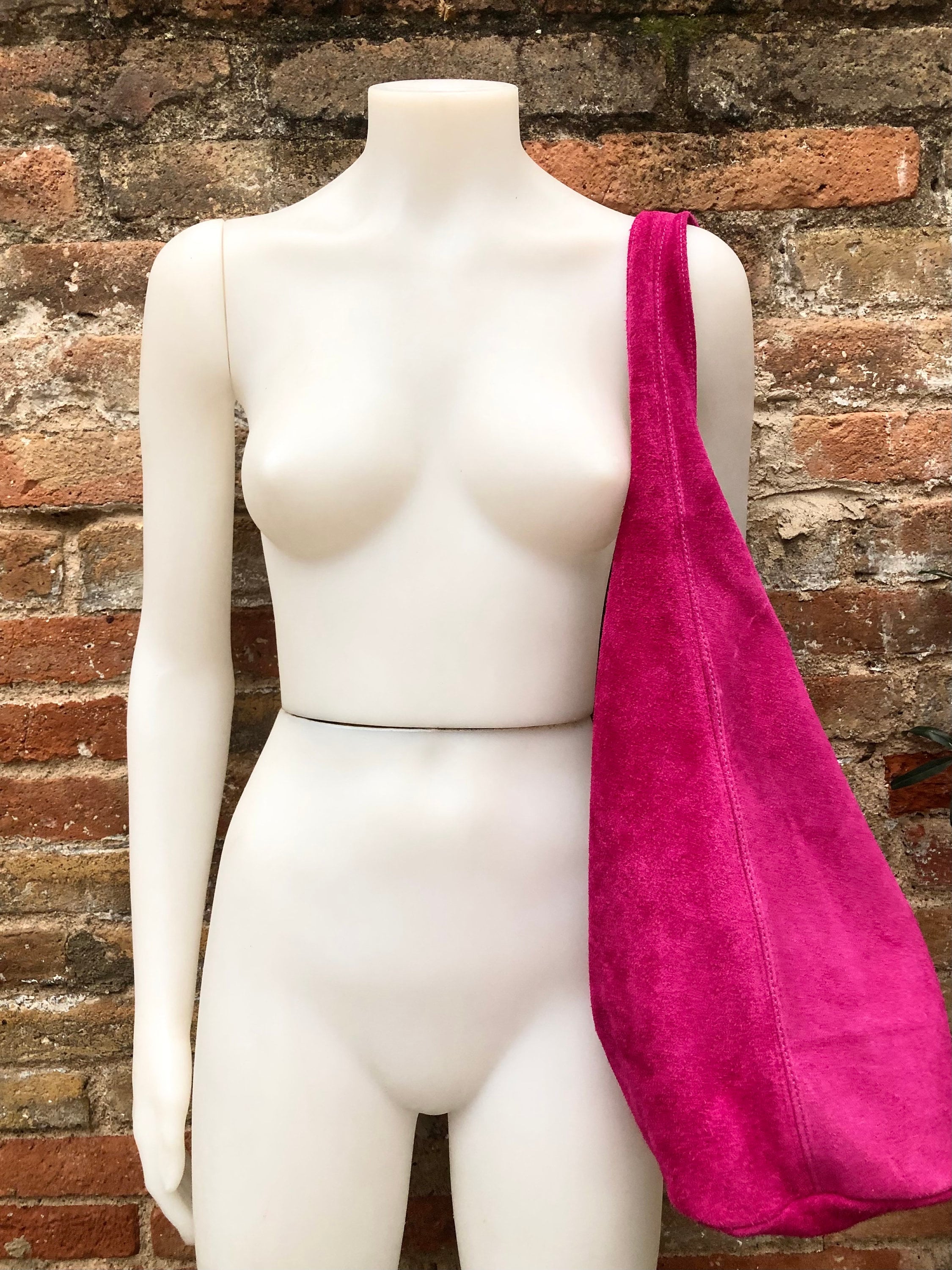 Large TOTE leather bag in hot pink. Magenta slouch bag in soft suede, genuine leather bag.Fuchsia pink leather shopper, Pink suede bag