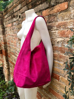Large TOTE leather bag in hot pink. Magenta slouch bag in soft suede, genuine leather bag.Fuchsia pink leather shopper, Pink suede bag