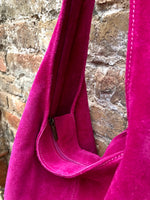 Large TOTE leather bag in hot pink. Magenta slouch bag in soft suede, genuine leather bag.Fuchsia pink leather shopper closed with a zipper