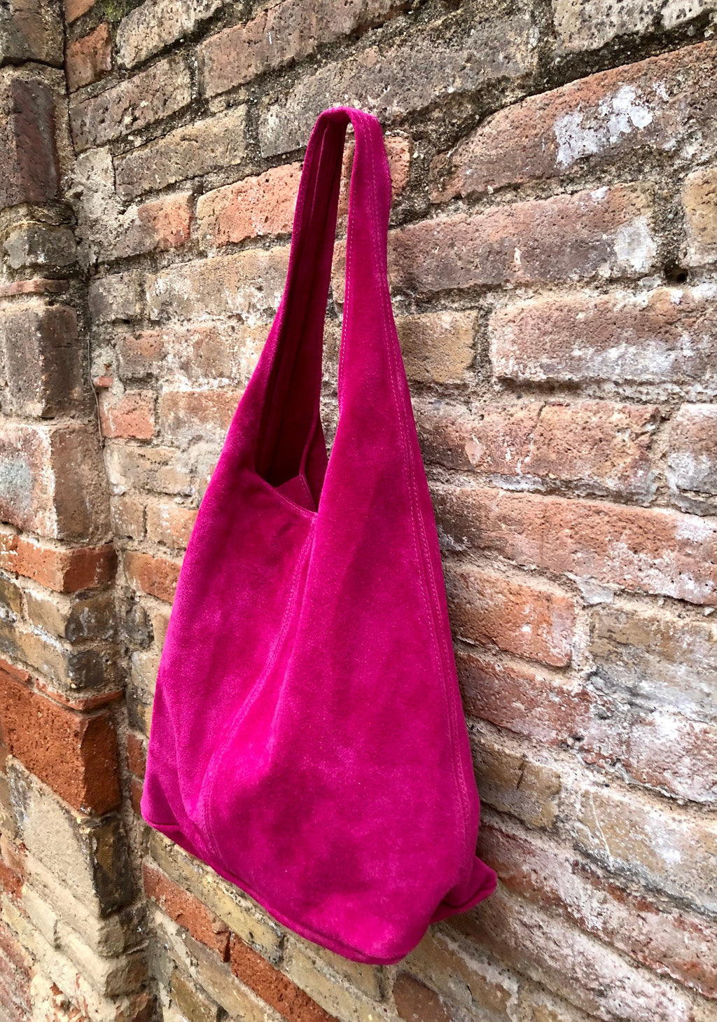 Large TOTE leather bag in hot pink. Magenta slouch bag in soft suede, genuine leather bag.Fuchsia pink leather shopper, Pink suede bag