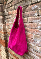 Large TOTE leather bag in hot pink. Magenta slouch bag in soft suede, genuine leather bag.Fuchsia pink leather shopper closed with a zipper