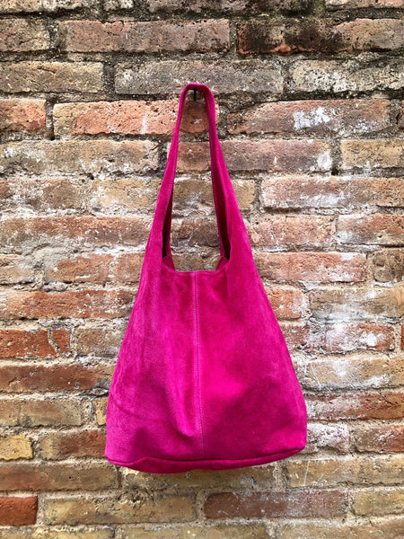 Large TOTE leather bag in hot pink. Magenta slouch bag in soft suede, genuine leather bag.Fuchsia pink leather shopper closed with a zipper