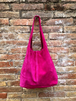 Large TOTE leather bag in hot pink. Magenta slouch bag in soft suede, genuine leather bag.Fuchsia pink leather shopper, Pink suede bag