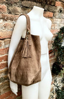 Light brown leather shopper bag in genuine suede. Slouchy tan color carry all tote bag for laptop, tablet, books. Taupe brown leather purse