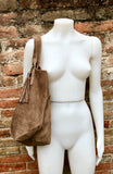 Light brown leather shopper bag in genuine suede. Slouchy tan color carry all tote bag for laptop, tablet, books. Taupe brown leather purse