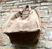 Light brown leather shopper bag in genuine suede. Slouchy tan color carry all tote bag for laptop, tablet, books. Taupe brown leather purse