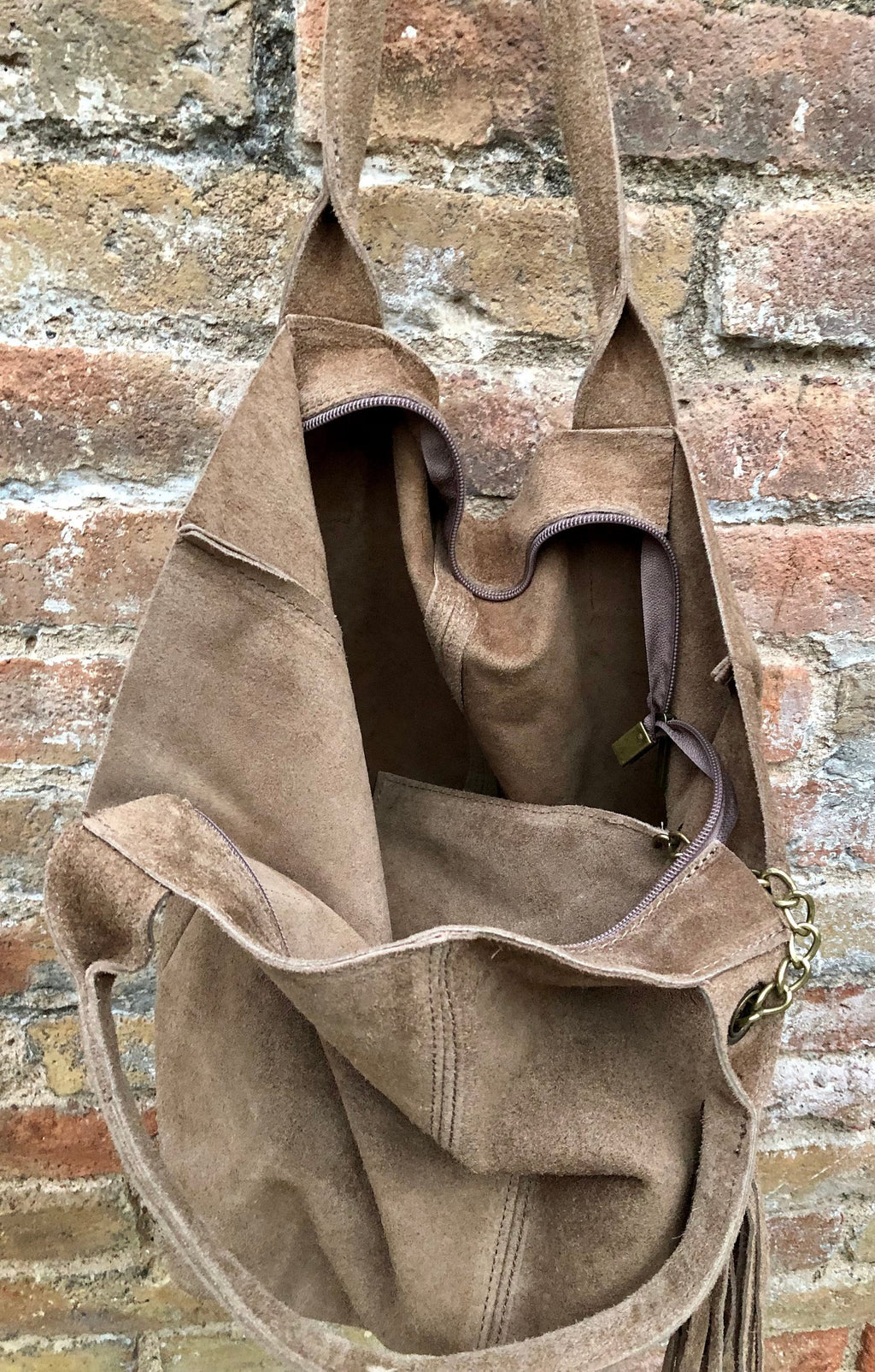 Light brown leather shopper bag in genuine suede. Slouchy tan color carry all tote bag for laptop, tablet, books. Taupe brown leather purse