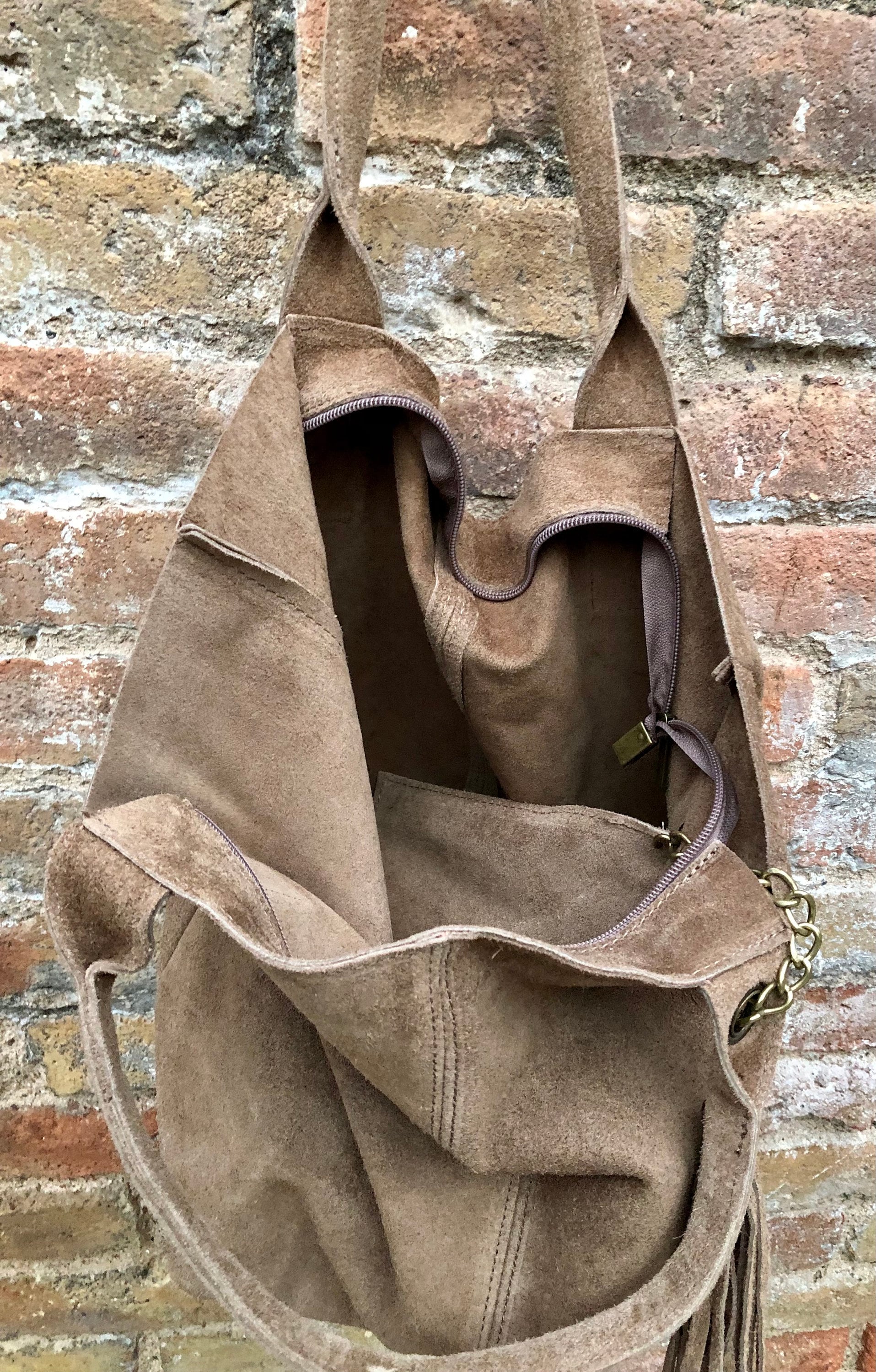 Light brown leather shopper bag in genuine suede. Slouchy tan color carry all tote bag for laptop, tablet, books. Taupe brown leather purse