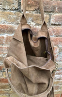 Light brown leather shopper bag in genuine suede. Slouchy tan color carry all tote bag for laptop, tablet, books. Taupe brown leather purse