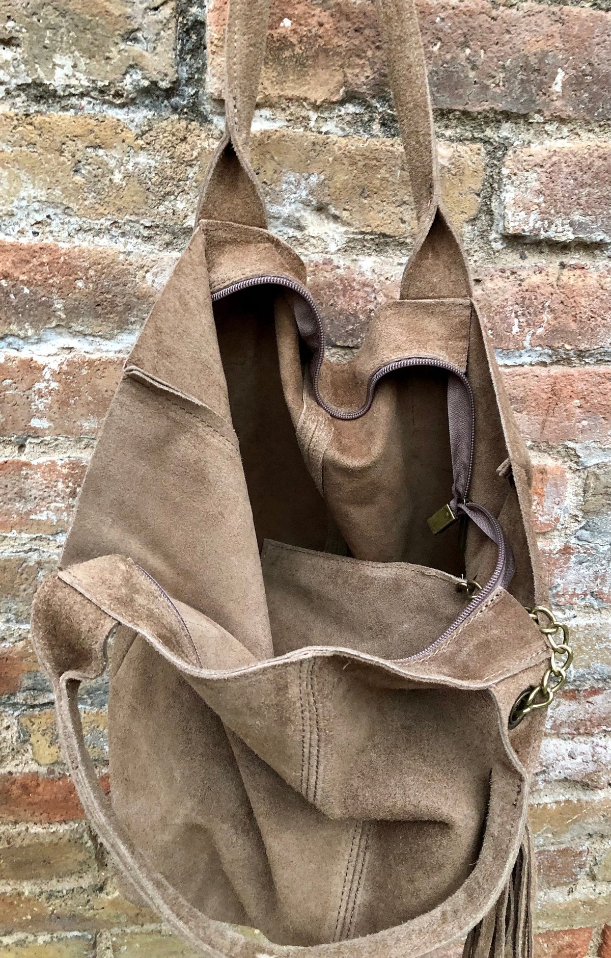 Light brown leather shopper bag in genuine suede. Slouchy tan color carry all tote bag for laptop, tablet, books. Taupe brown leather purse