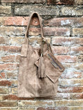 Light brown leather shopper bag in genuine suede. Slouchy tan color carry all tote bag for laptop, tablet, books. Taupe brown leather purse