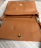 Small camel brown genuine leather bag. Light brown cross body or shoulder bag. Tan leather purse with adjustable strap zipper and flap.